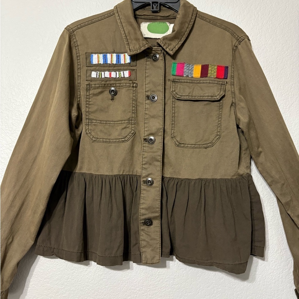 Anthropologie Military Style Olive Jacket with Peplum Hem, Beaded, Cotton/Linen - Picture 2 of 15